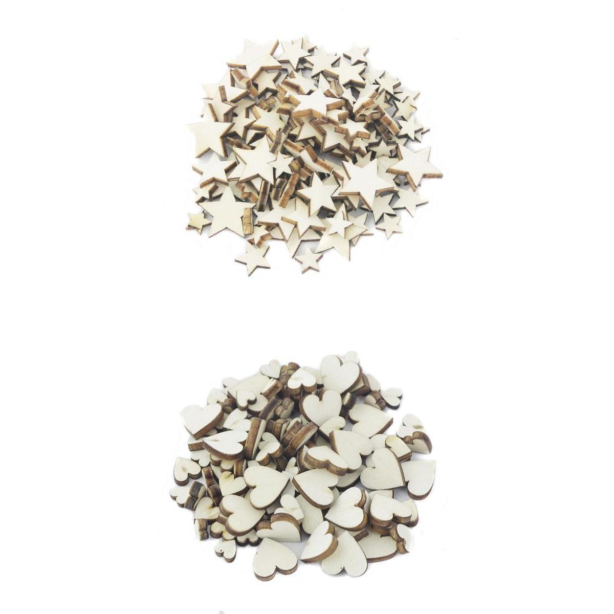 200 Pieces Mixed Size Unfinished Wood Star Heart Shape Wooden Embellishment