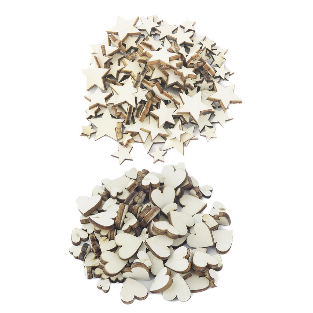 200 Pieces Mixed Size Unfinished Wood Star Heart Shape Wooden Embellishment