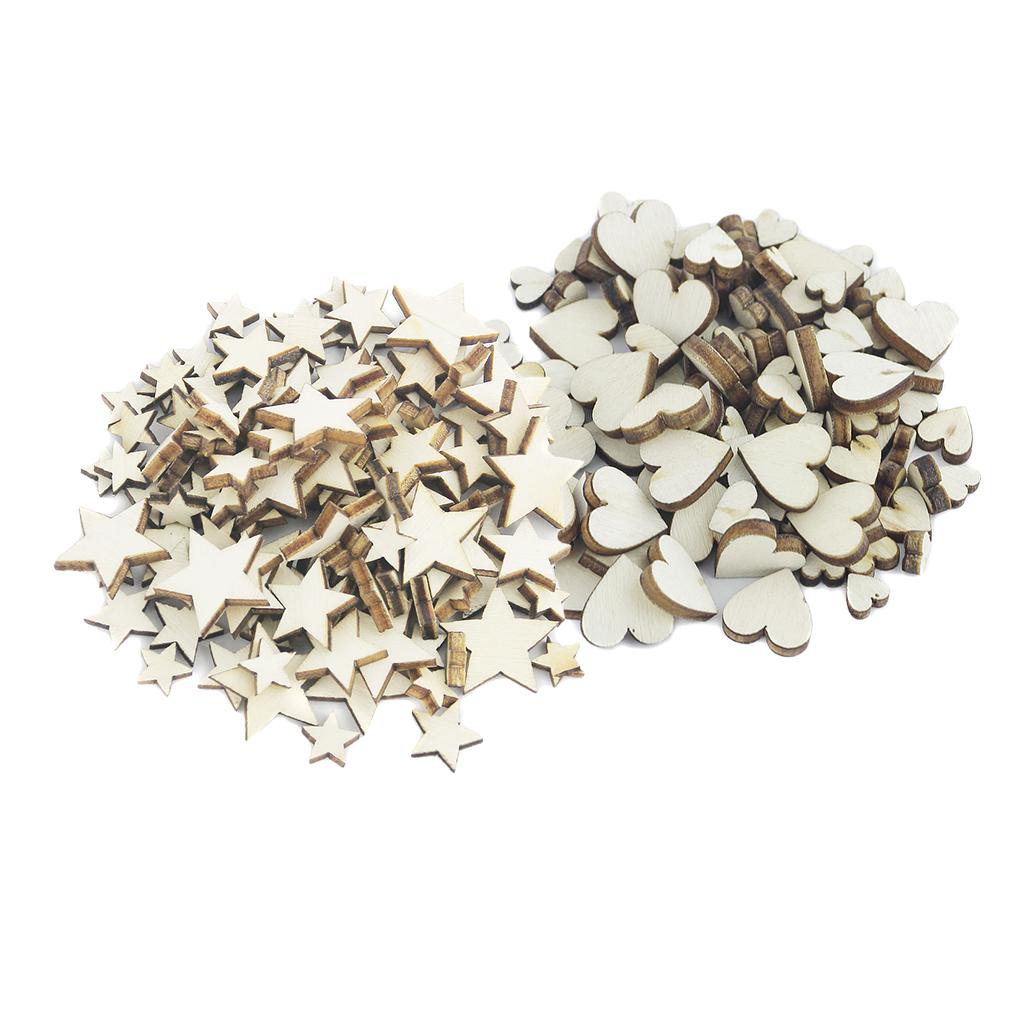 200 Pieces Mixed Size Unfinished Wood Star Heart Shape Wooden Embellishment