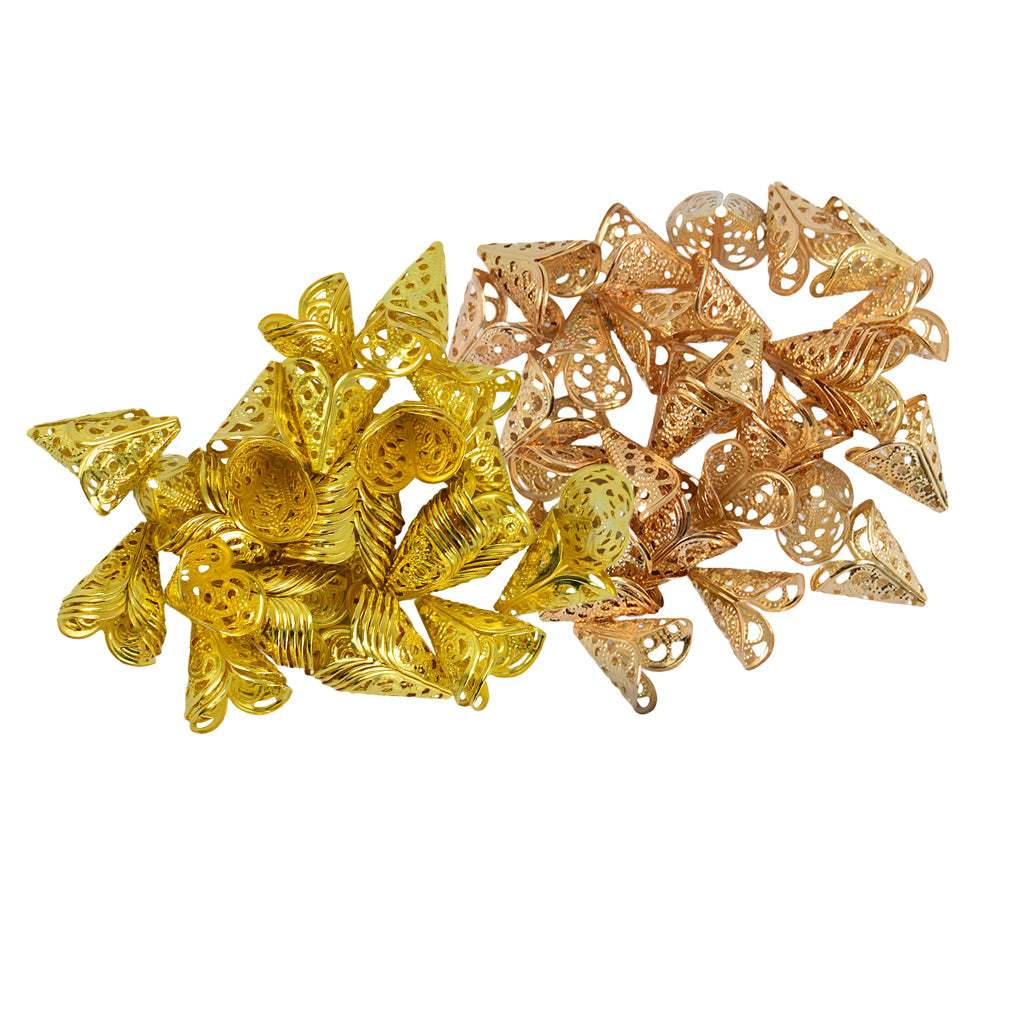 100 Pieces 16mm Filigree Cone Flower Beads Cap for Jewelry Making Gold