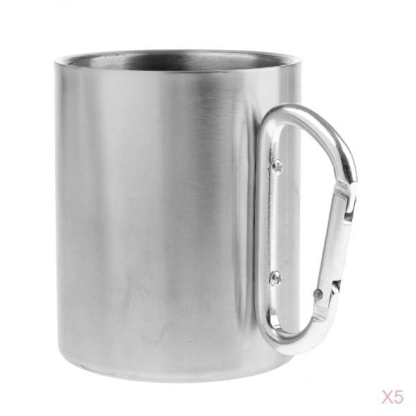 5pcs 300ML Stainless Steel Outdoor Camping Cup Coffee Mug W/ Carabiner Hook