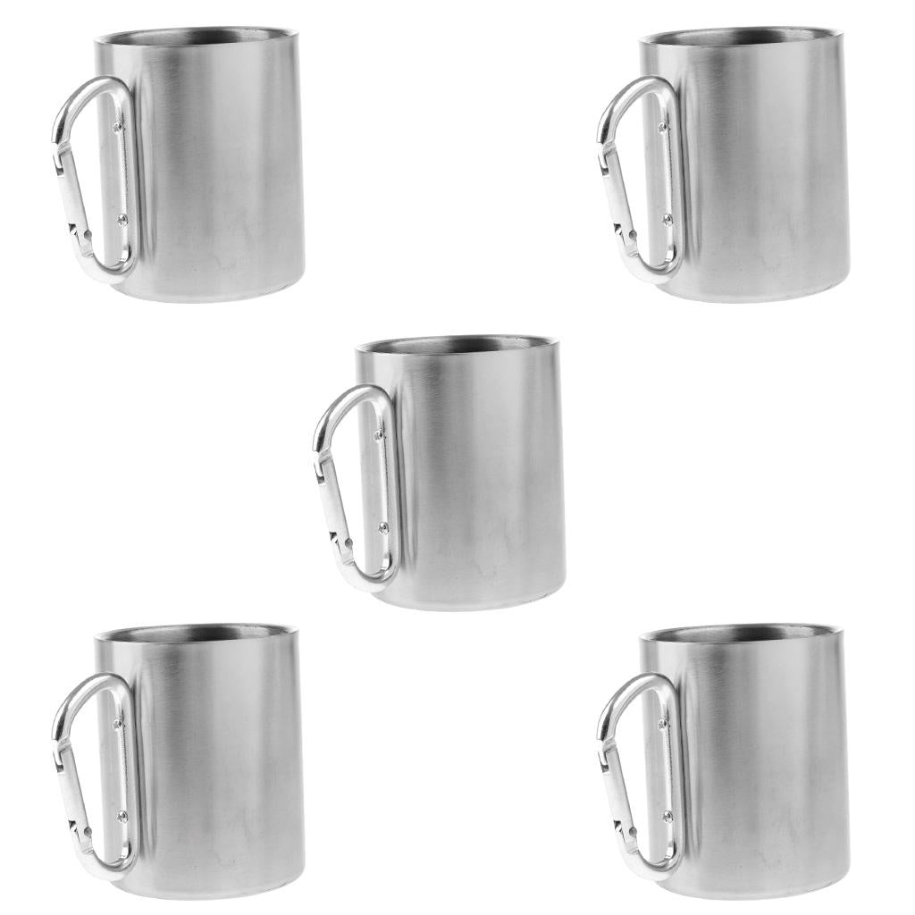 5pcs 300ML Stainless Steel Outdoor Camping Cup Coffee Mug W/ Carabiner Hook