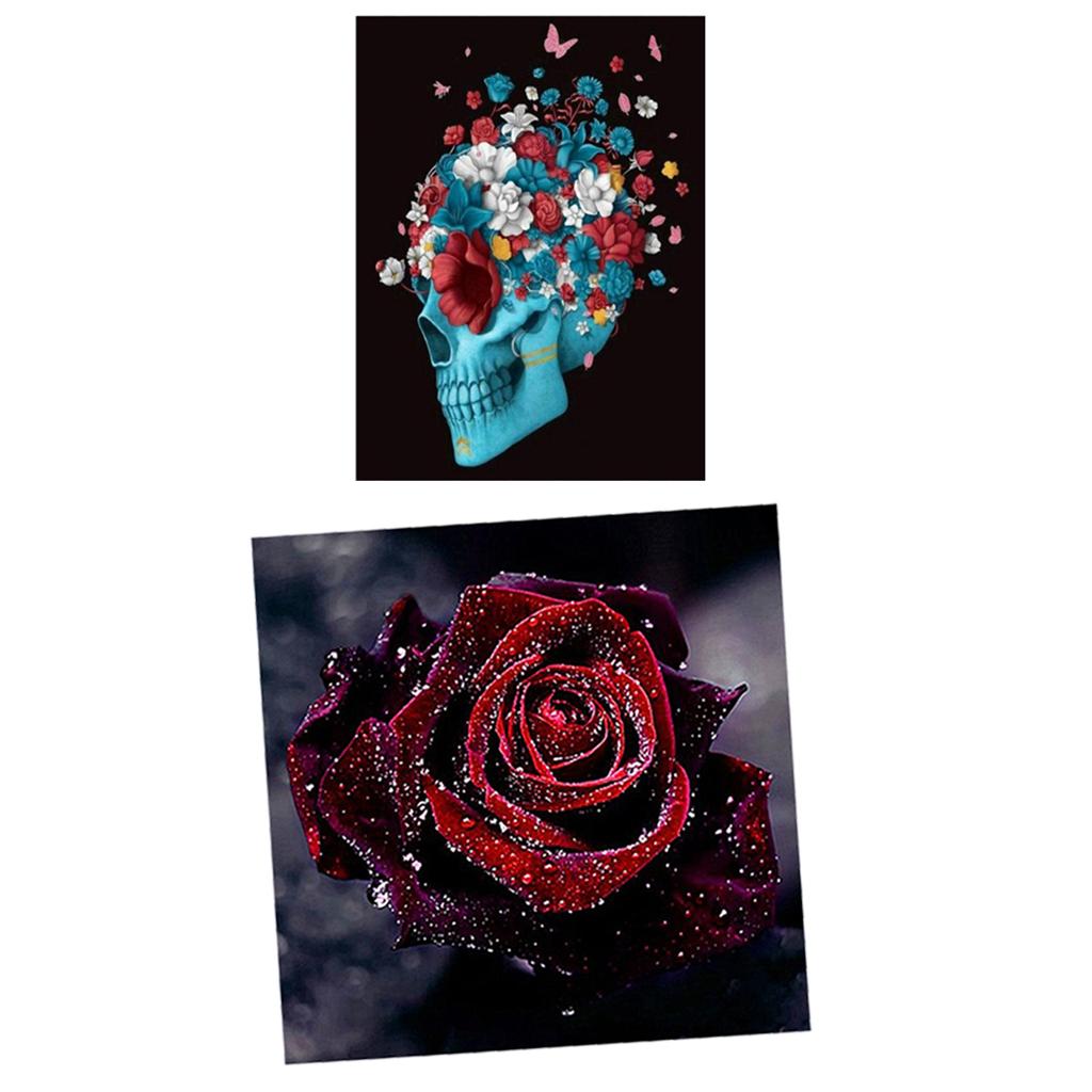 2Pcs 5D Diamond Painting DIY Skull Rose Flower Embroidery Kit Home Decor