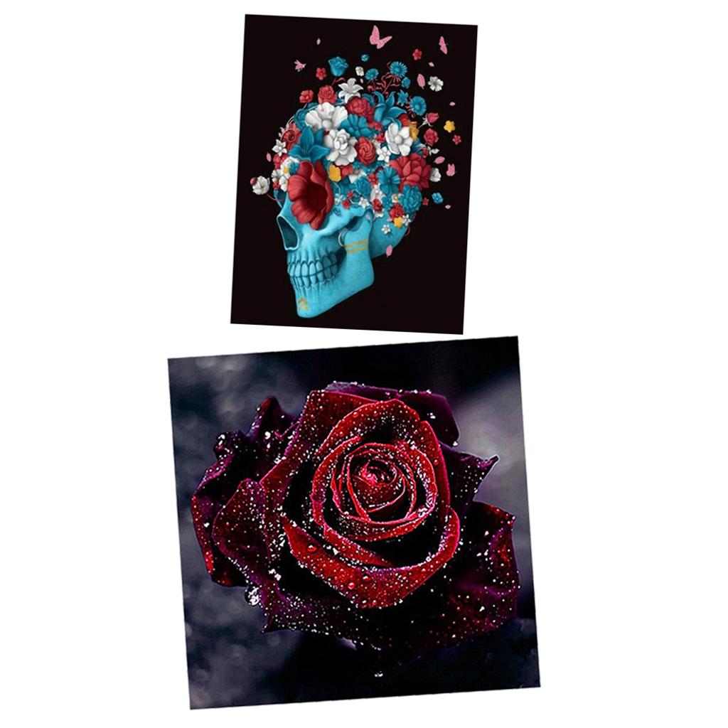 2Pcs 5D Diamond Painting DIY Skull Rose Flower Embroidery Kit Home Decor