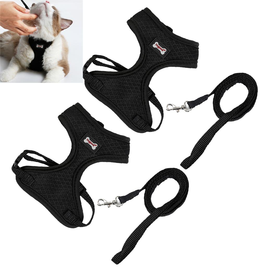 2Pcs Mesh Pet Cat Adjustable Harness Walking Lead Leash Chest Strap Black