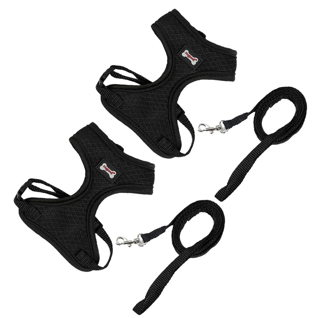 2Pcs Mesh Pet Cat Adjustable Harness Walking Lead Leash Chest Strap Black