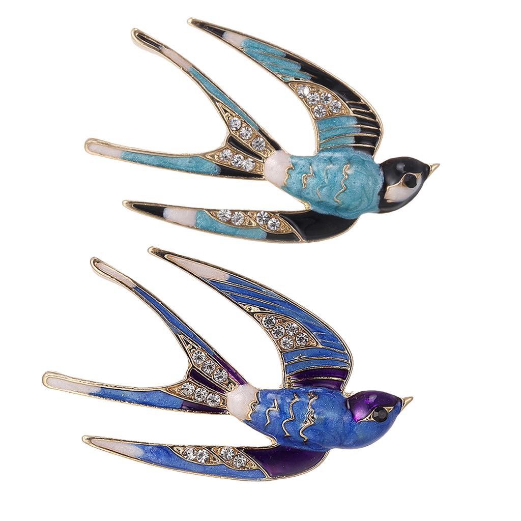 2pieces Women Jewelry Rhinestone Swallow Animal Brooch Corsage Collar Pin