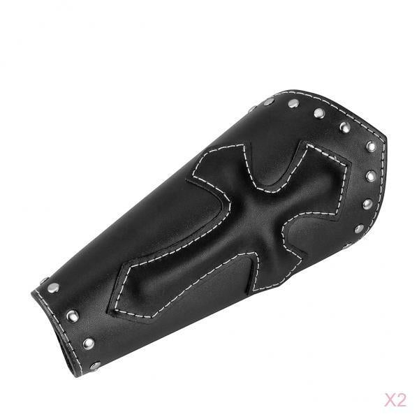 2Piece PU Leather Punk Arm Guard Cross Wristband Medieval Wrist Bracer Black