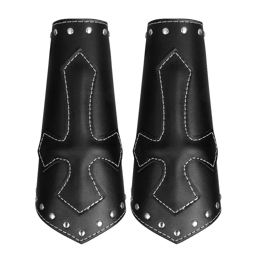 2Piece PU Leather Punk Arm Guard Cross Wristband Medieval Wrist Bracer Black