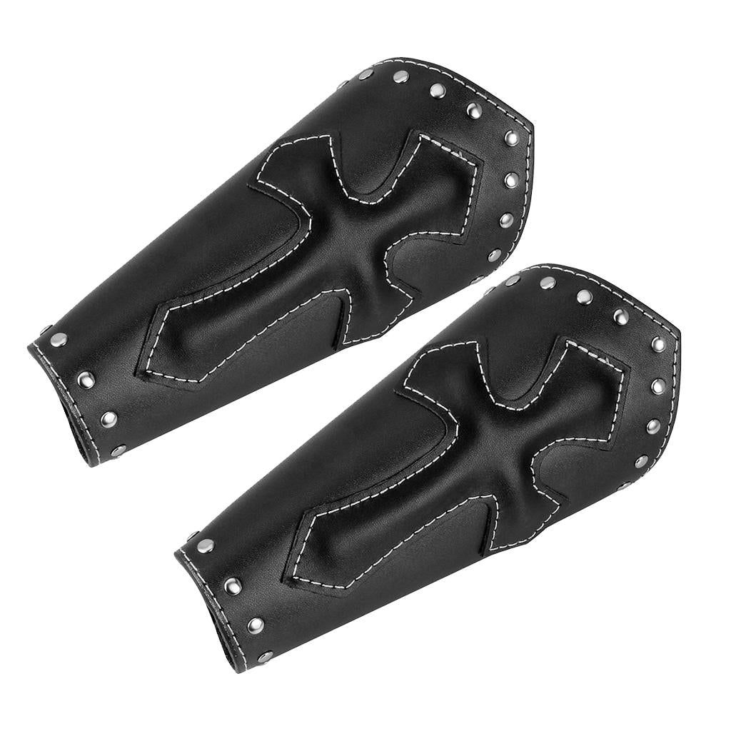 2Piece PU Leather Punk Arm Guard Cross Wristband Medieval Wrist Bracer Black