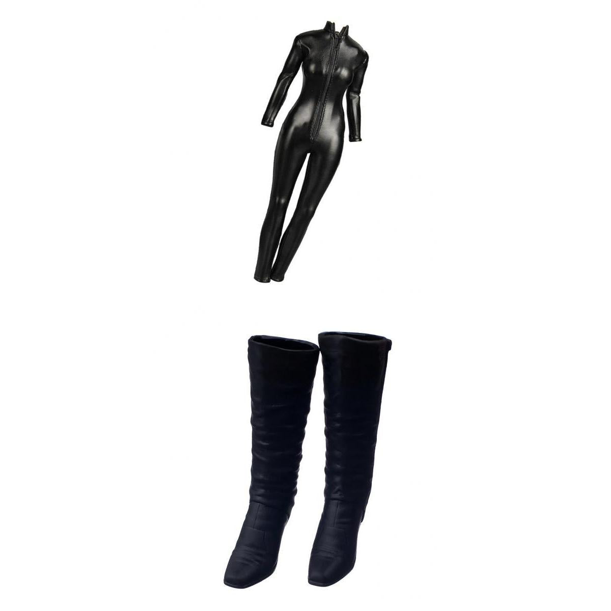 1/6 Scale Female Black Faux Leather Jumpsuit High Heel Shoes for 12'' Figure
