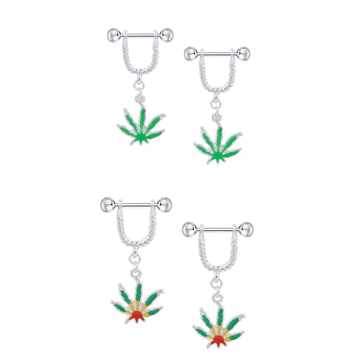2 Pairs Natural Maple Leaf Dangle Straight Barbell Nipple Ring Shield