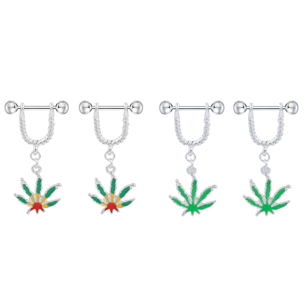 2 Pairs Natural Maple Leaf Dangle Straight Barbell Nipple Ring Shield