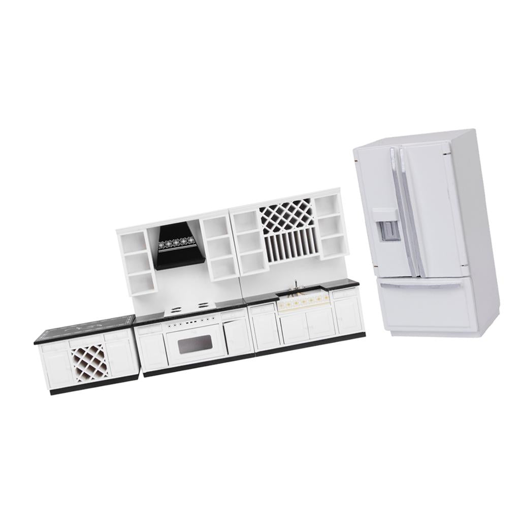 1/12 Dollhouse Miniature Furniture Wooden Deluxe Kitchen Set White Fridge