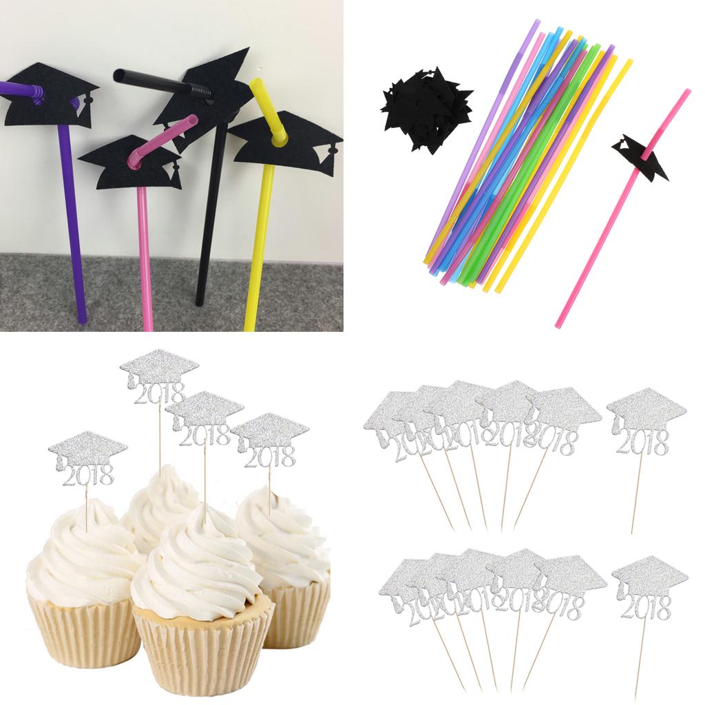 2018 Graduation Cap Cupcake Picks Drinking Straws Grad Party Decoration