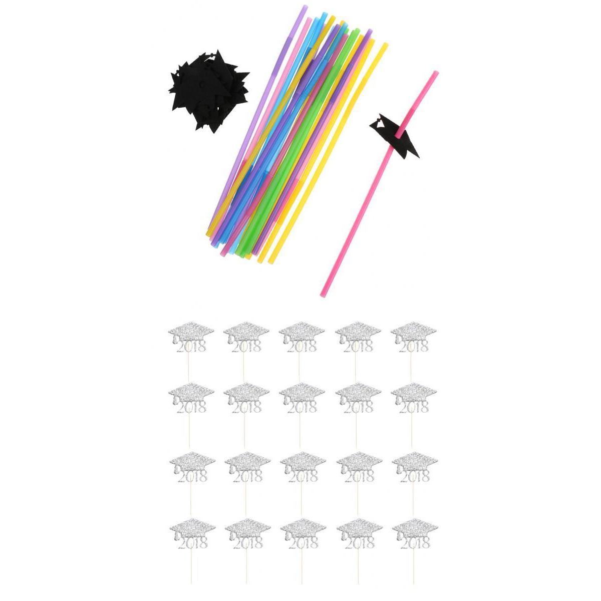 2018 Graduation Cap Cupcake Picks Drinking Straws Grad Party Decoration