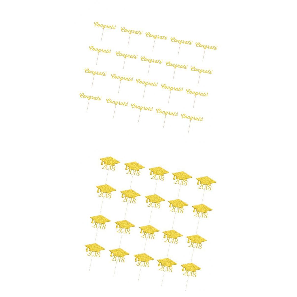 40pcs 2018 Graduation Cap Congrats Cupcake Picks Cake Toppers Grad Decor