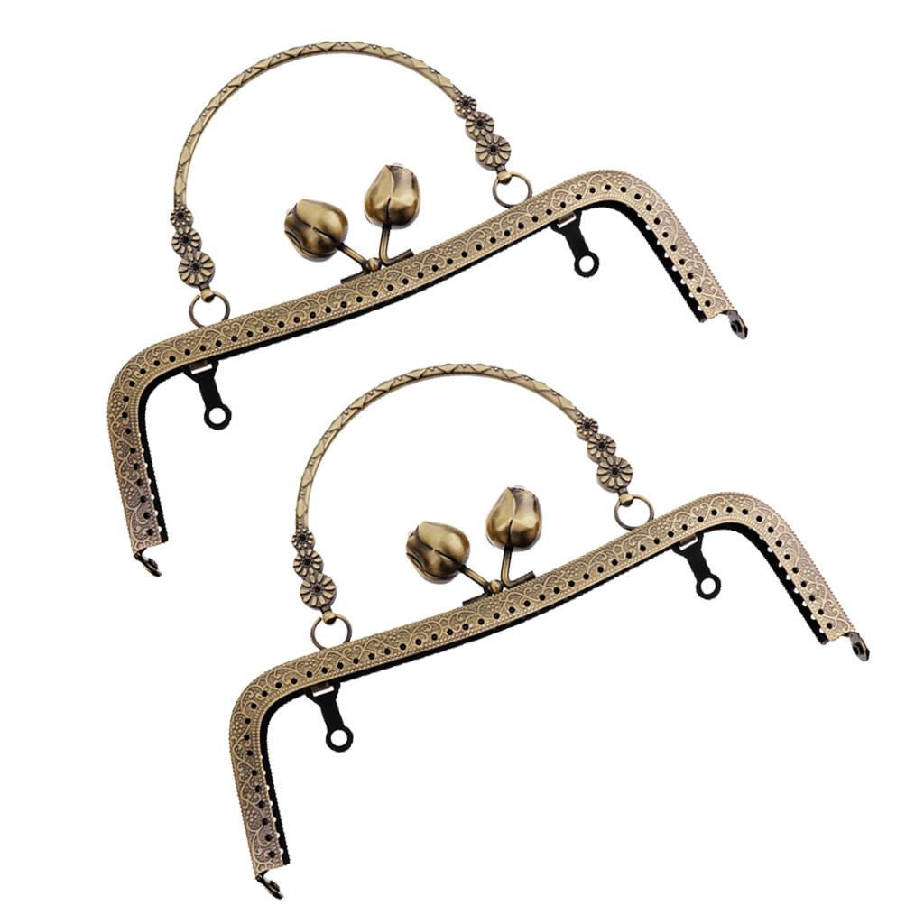 2pieces Metal Purse Frame Kiss Clasp Lock with Handle DIY Crafts 20cm Bronze