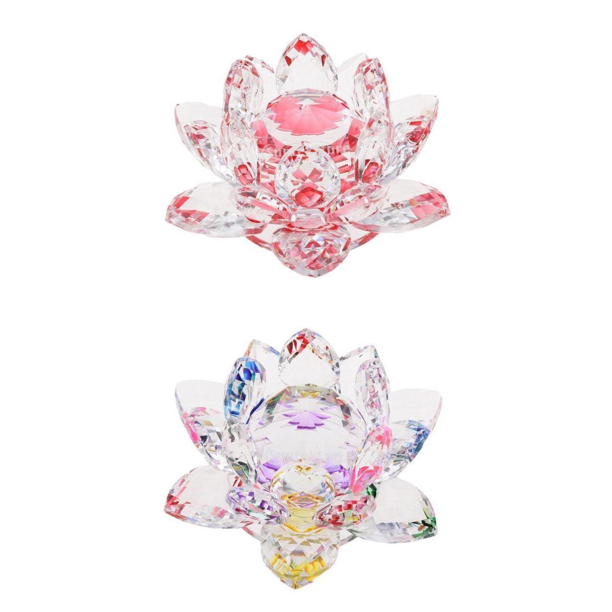2Pcs Crystal Lotus Flower Craft Paperweight Feng Shui Decor Love Holy Red + Colorful