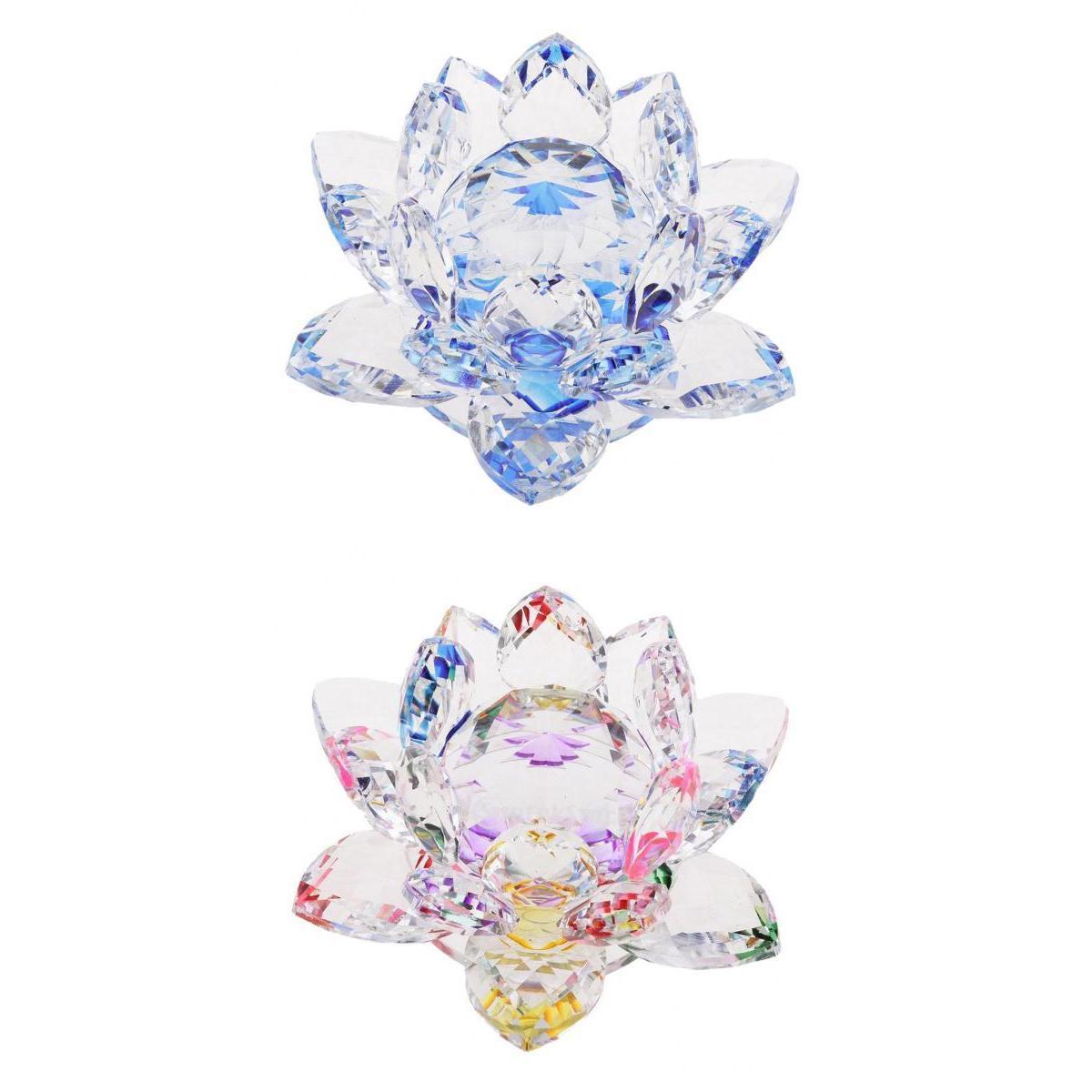 2Pcs Crystal Lotus Flower Craft Paperweight Feng Shui Decor Love Holy Blue + Colorful