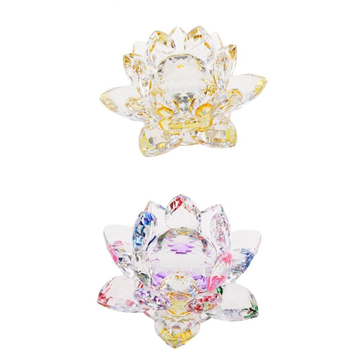 2Pcs Crystal Lotus Flower Craft Paperweight Feng Shui Decor Love Holy Yellow + Coloful