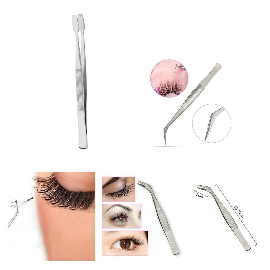 2Pcs Eyelash Tweezers Curved Flat Clip Extension False Lash Applicator Clamp