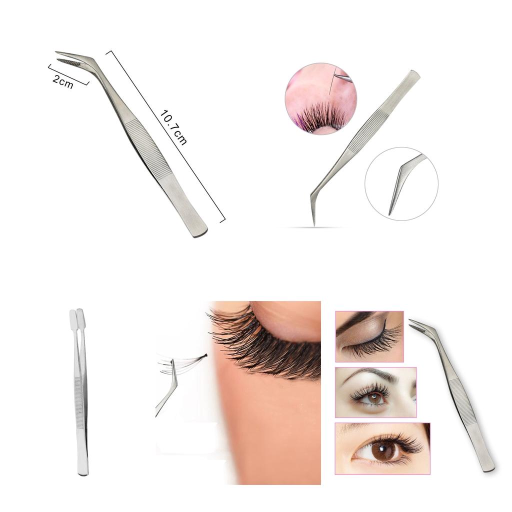 2Pcs Eyelash Tweezers Curved Flat Clip Extension False Lash Applicator Clamp