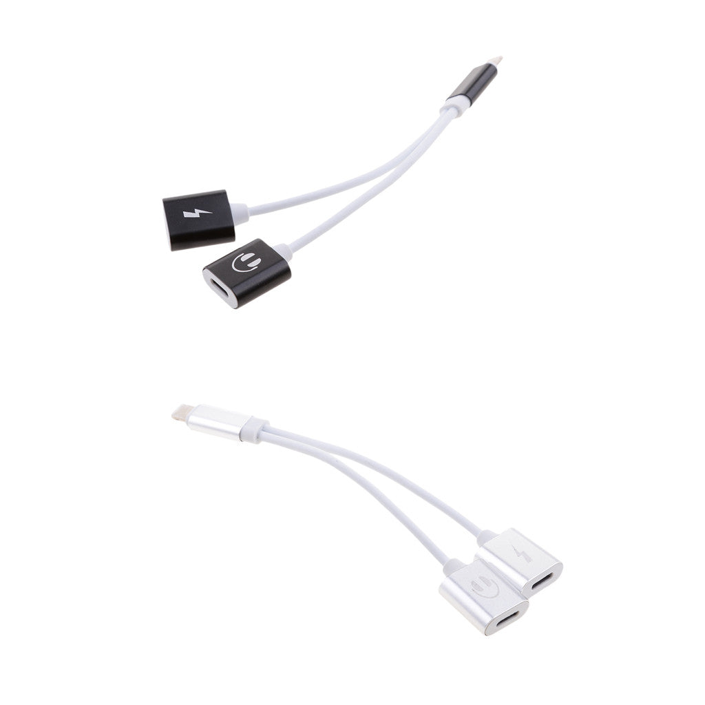 2 Pieces Headphones Charger + Audio Splitter Adapter for iPhone Black+Silver
