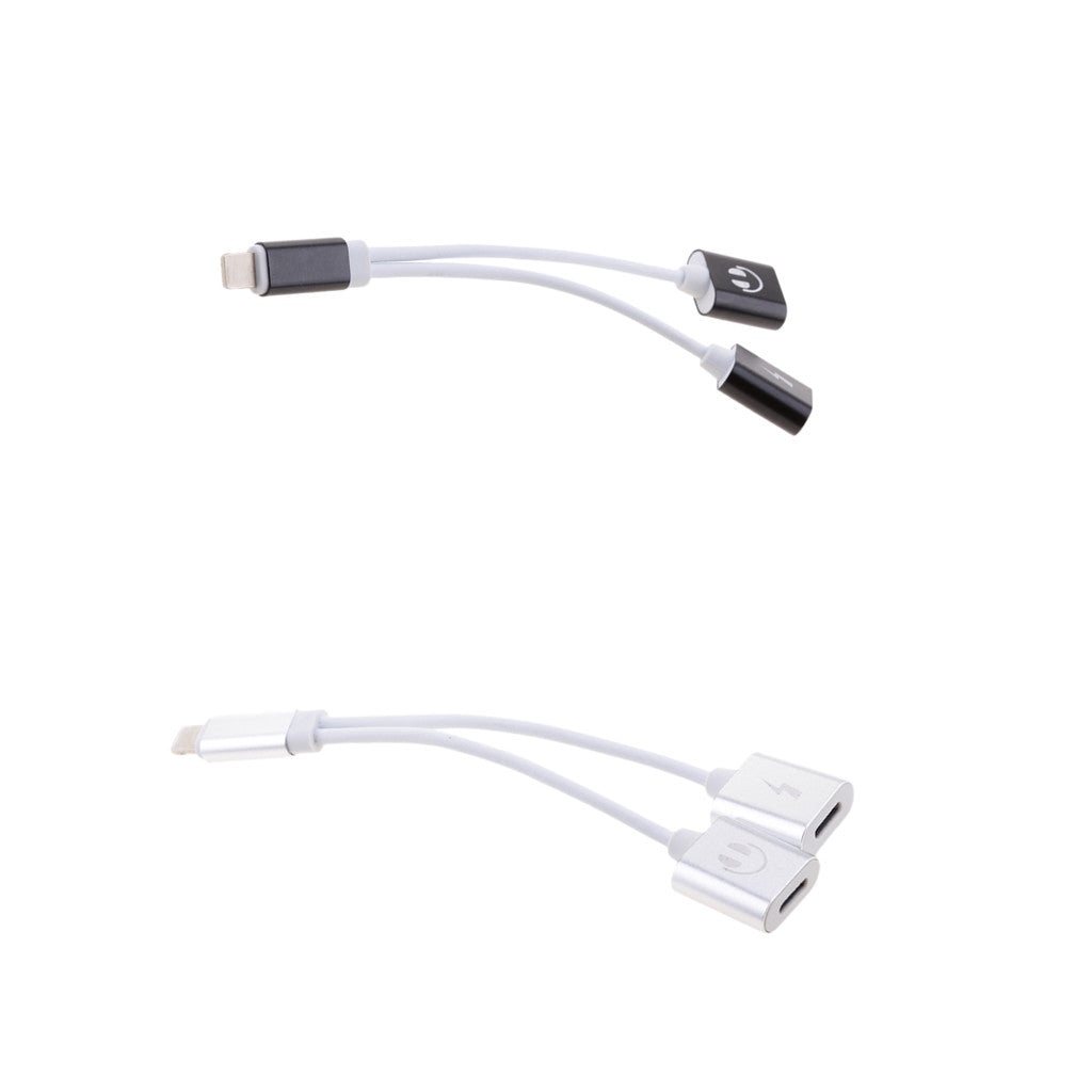 2 Pieces Headphones Charger + Audio Splitter Adapter for iPhone Black+Silver