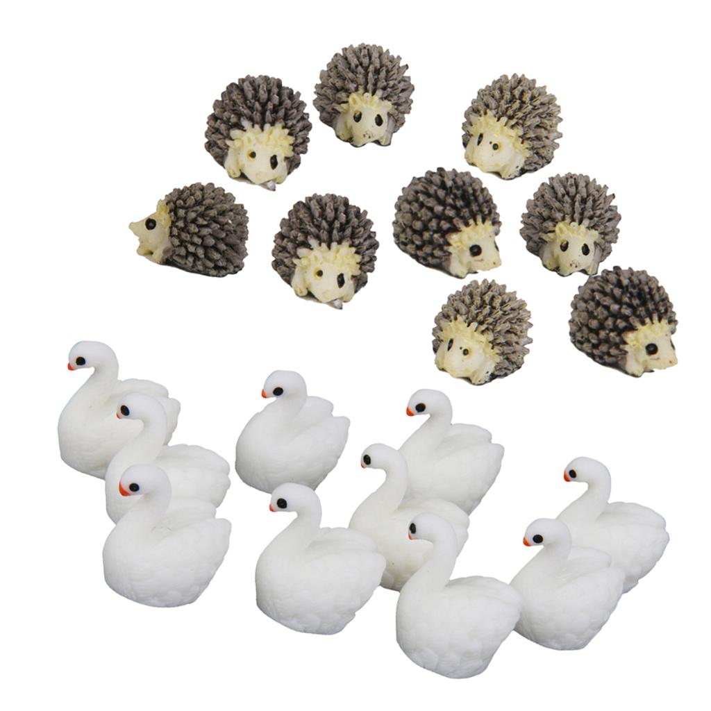 20pcs Miniature House Garden Natural Statue Swan and Mini Hedgehog Shaped