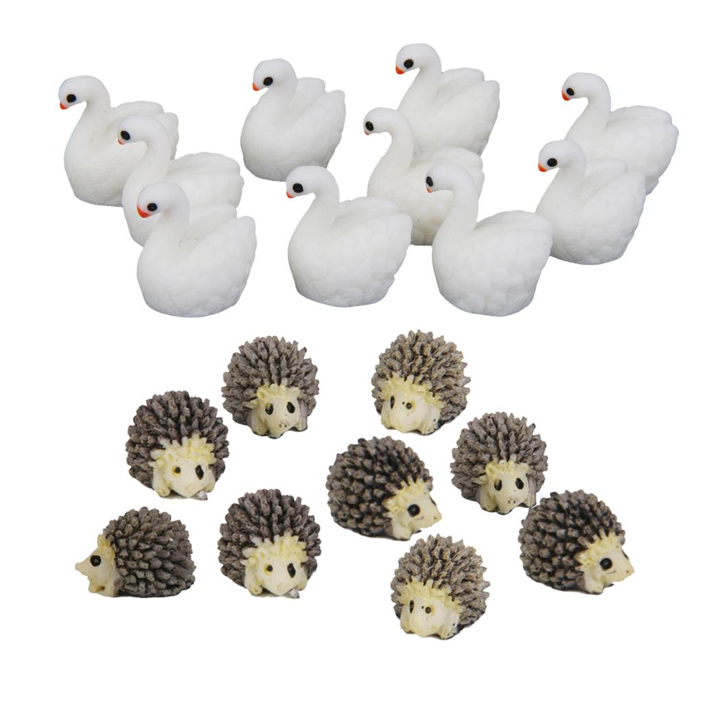 20pcs Miniature House Garden Natural Statue Swan and Mini Hedgehog Shaped