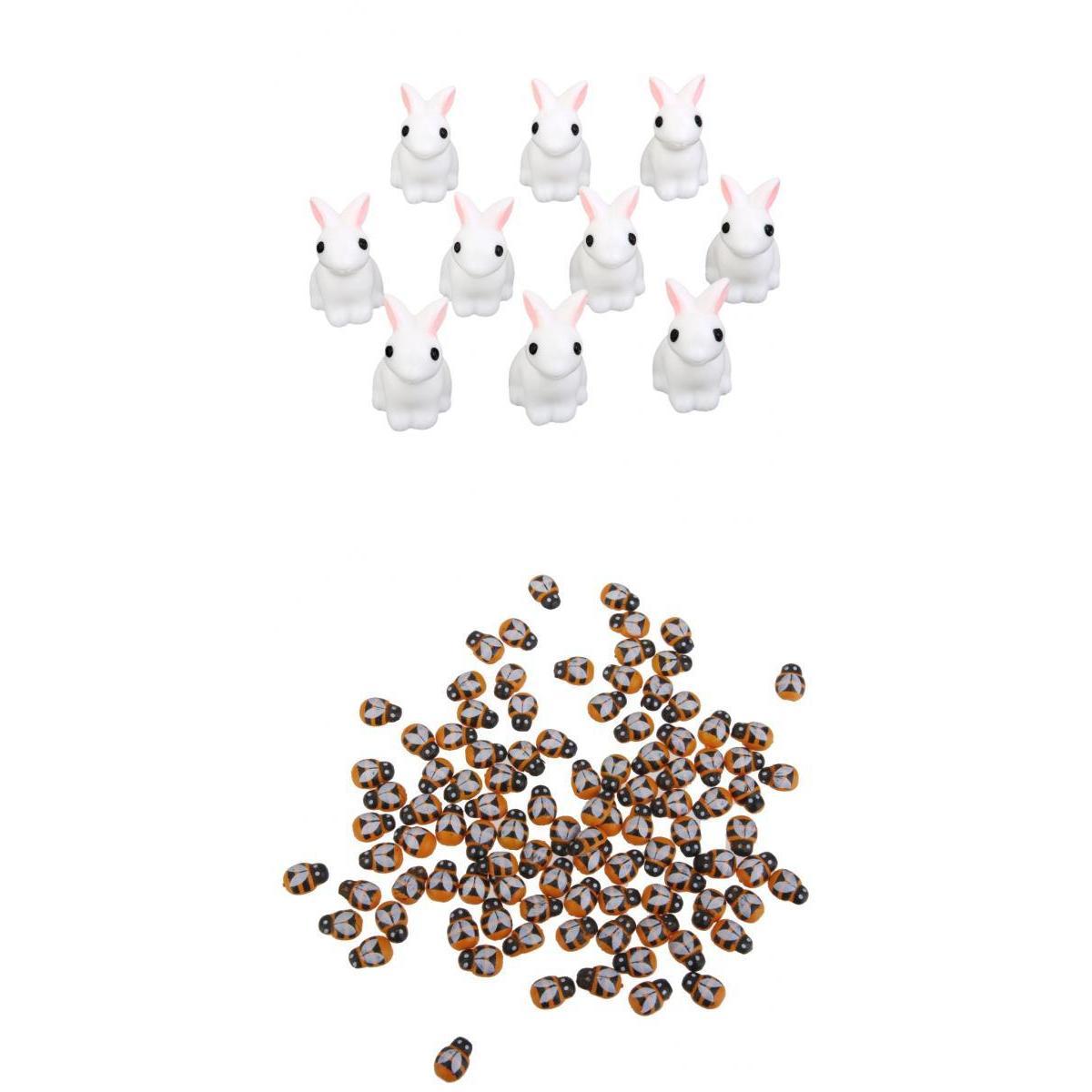 10pcs Garden Natural Resin Statue Rabbit and 100pcs Wooden Bees Garden Decor