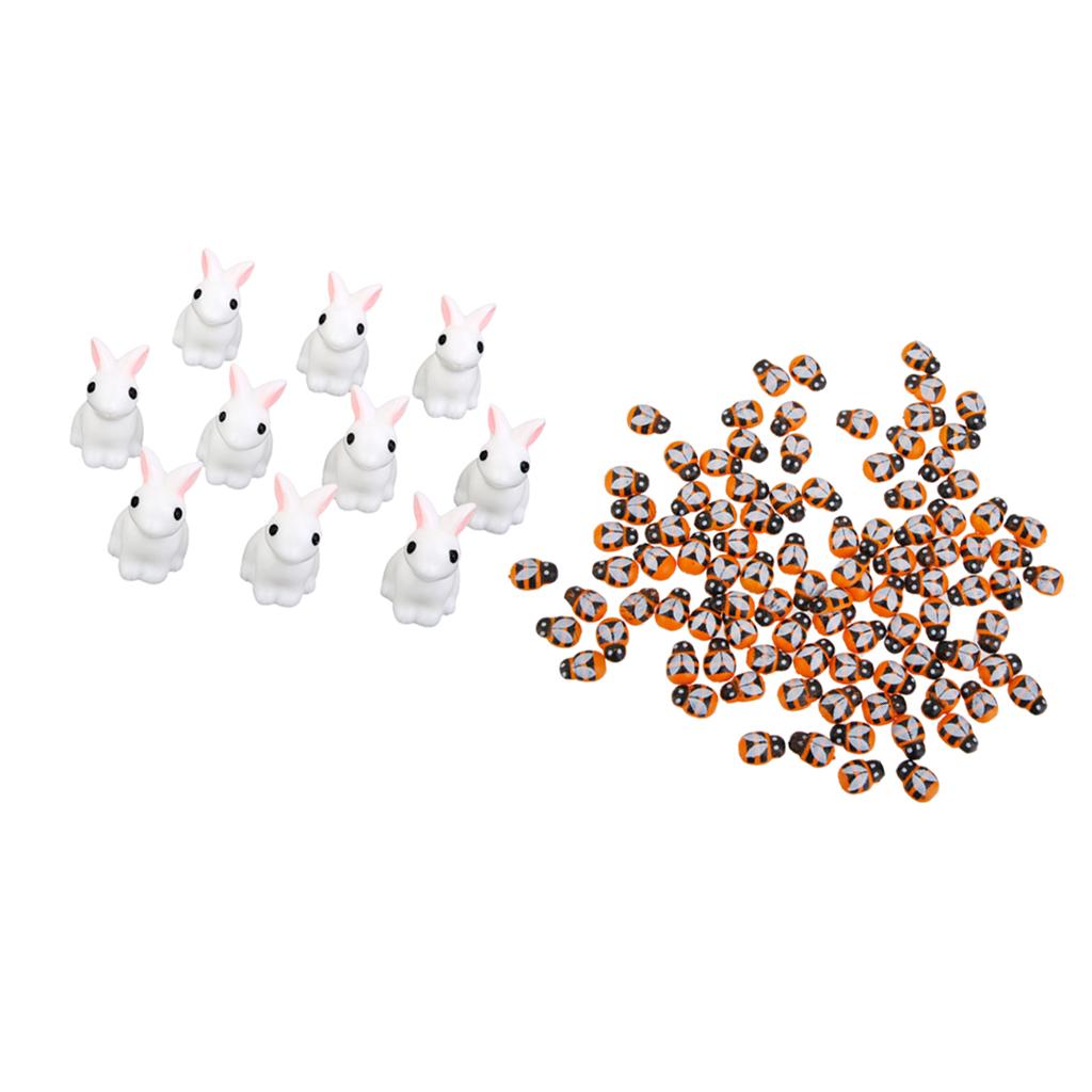 10pcs Garden Natural Resin Statue Rabbit and 100pcs Wooden Bees Garden Decor