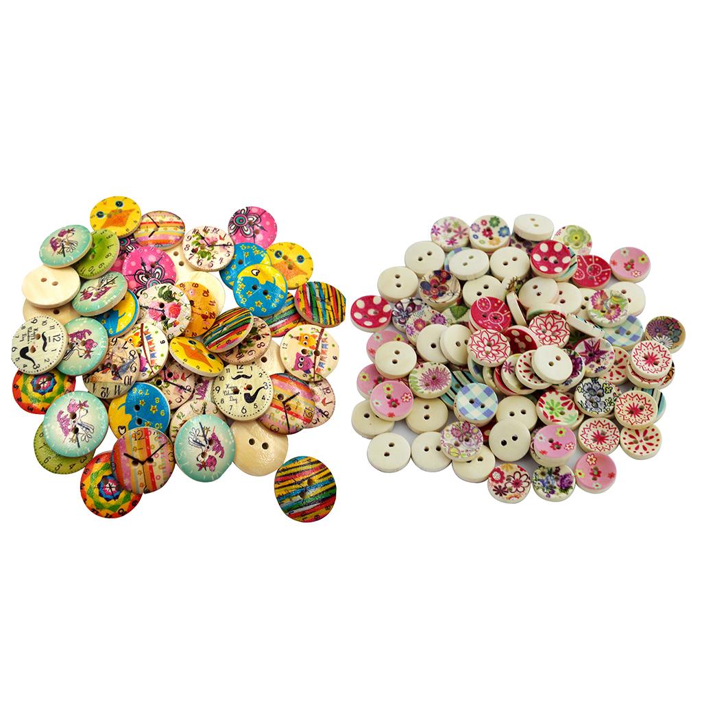 150pcs Mixed Wooden 2 Holes Painted Sewing Buttons for DIY Craft 15/20mm