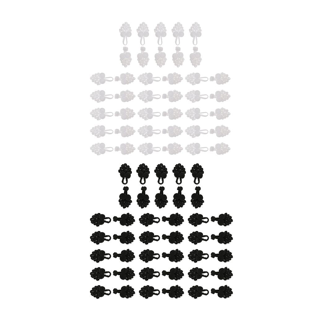 40 Pairs Chinese Knot Frog Buttons with Beads for Cheongsam White/Black