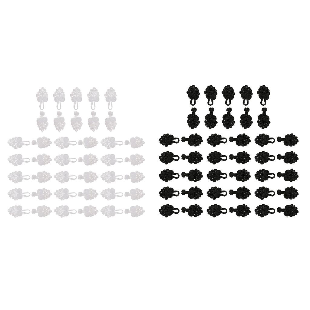 40 Pairs Chinese Knot Frog Buttons with Beads for Cheongsam White/Black