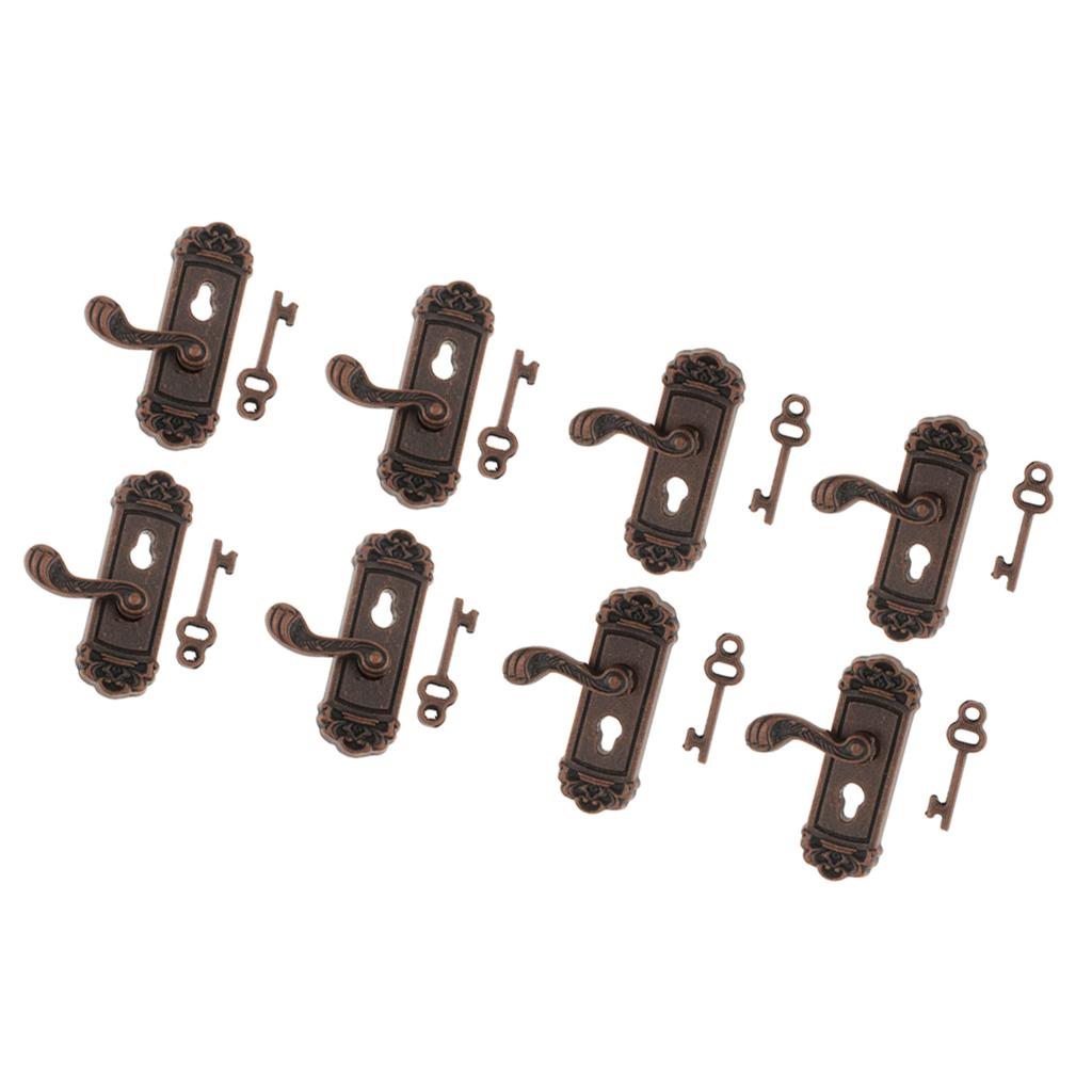 8 Pieces 1/12 Dollhouse Miniature Vintage Door Locks Keys Right Left Handles