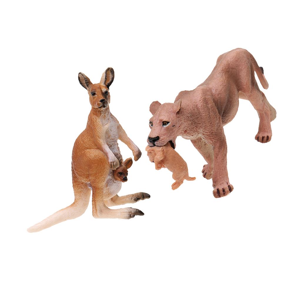 2x Realistic Lioness with Cub & Kangaroo with Joey Model Action Figures Toys