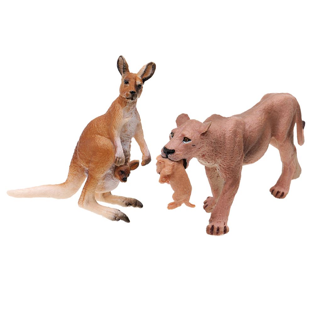 2x Realistic Lioness with Cub & Kangaroo with Joey Model Action Figures Toys