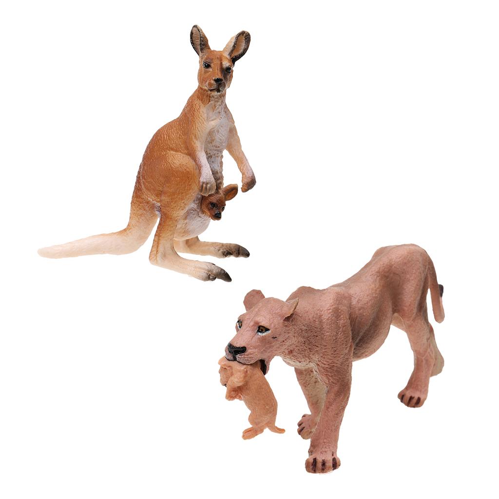 2x Realistic Lioness with Cub & Kangaroo with Joey Model Action Figures Toys