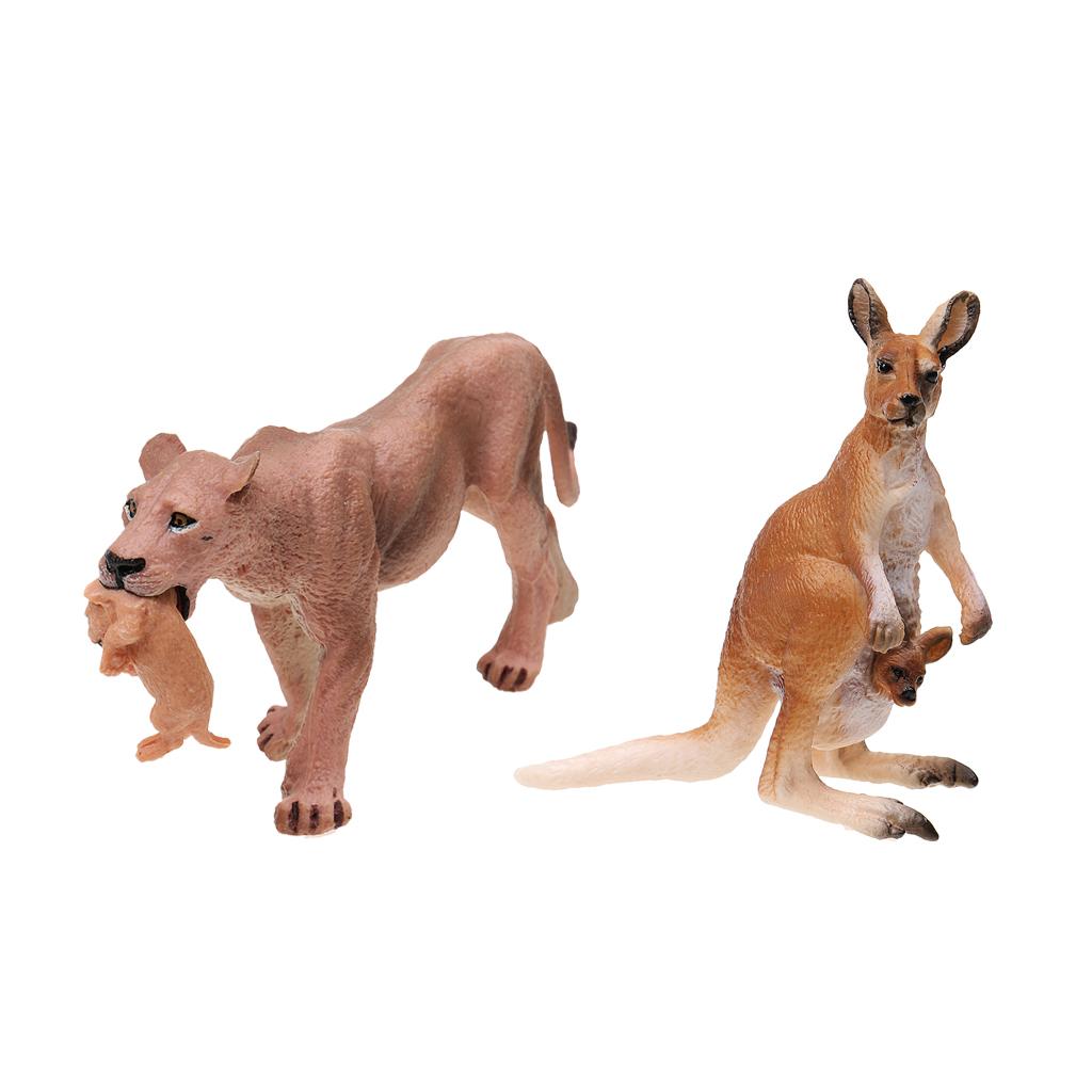 2x Realistic Lioness with Cub & Kangaroo with Joey Model Action Figures Toys