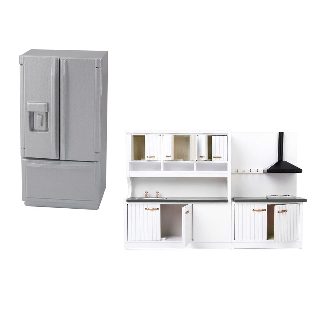 1/12 Dollhouse Miniature Furniture Wooden Deluxe Kitchen Set Silver Fridge