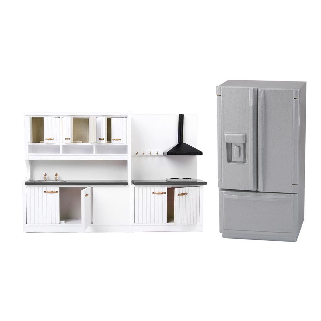 1/12 Dollhouse Miniature Furniture Wooden Deluxe Kitchen Set Silver Fridge