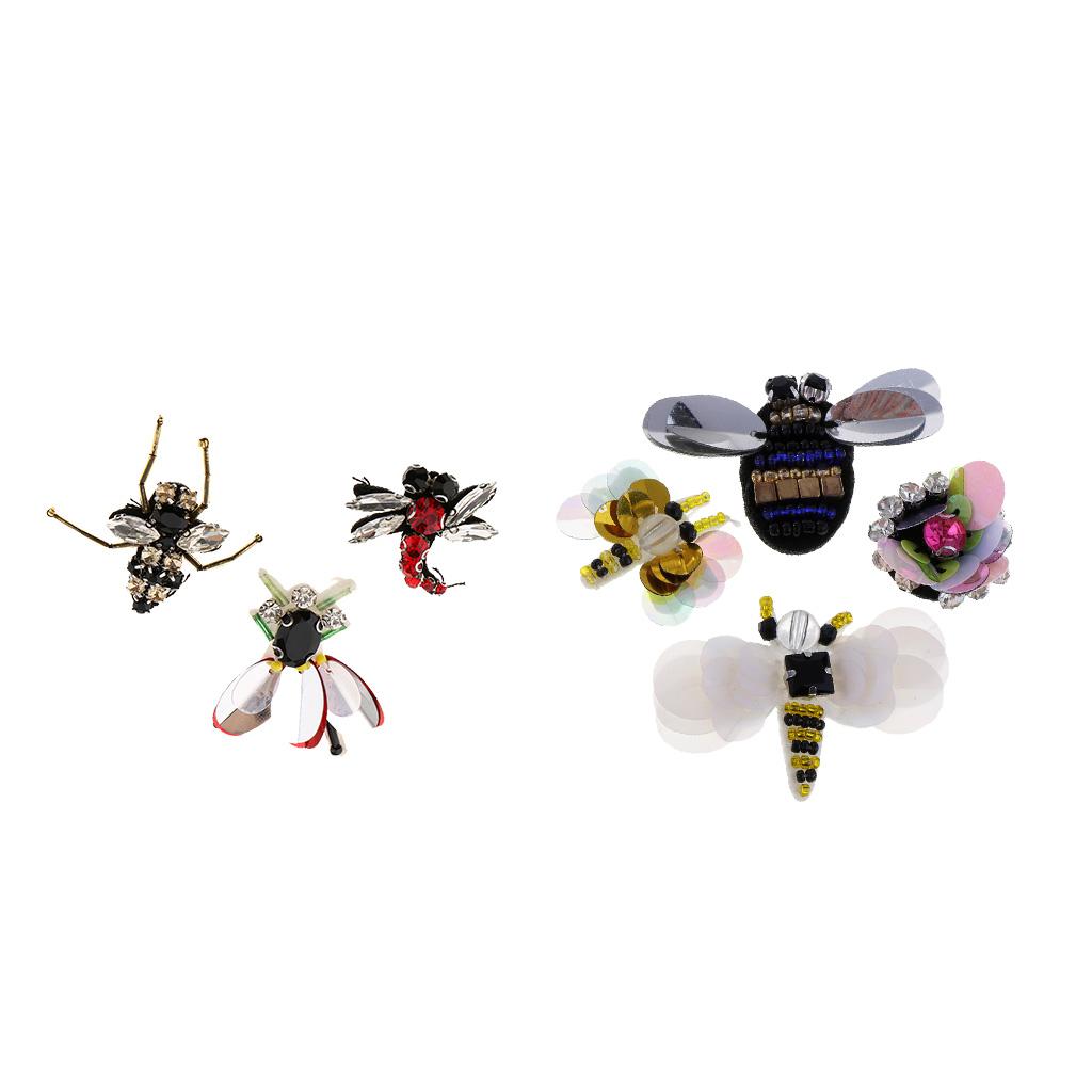 7 Pieces/Set Bee Dragonfly Sequins Rhinestone Applique Patch Embellishments