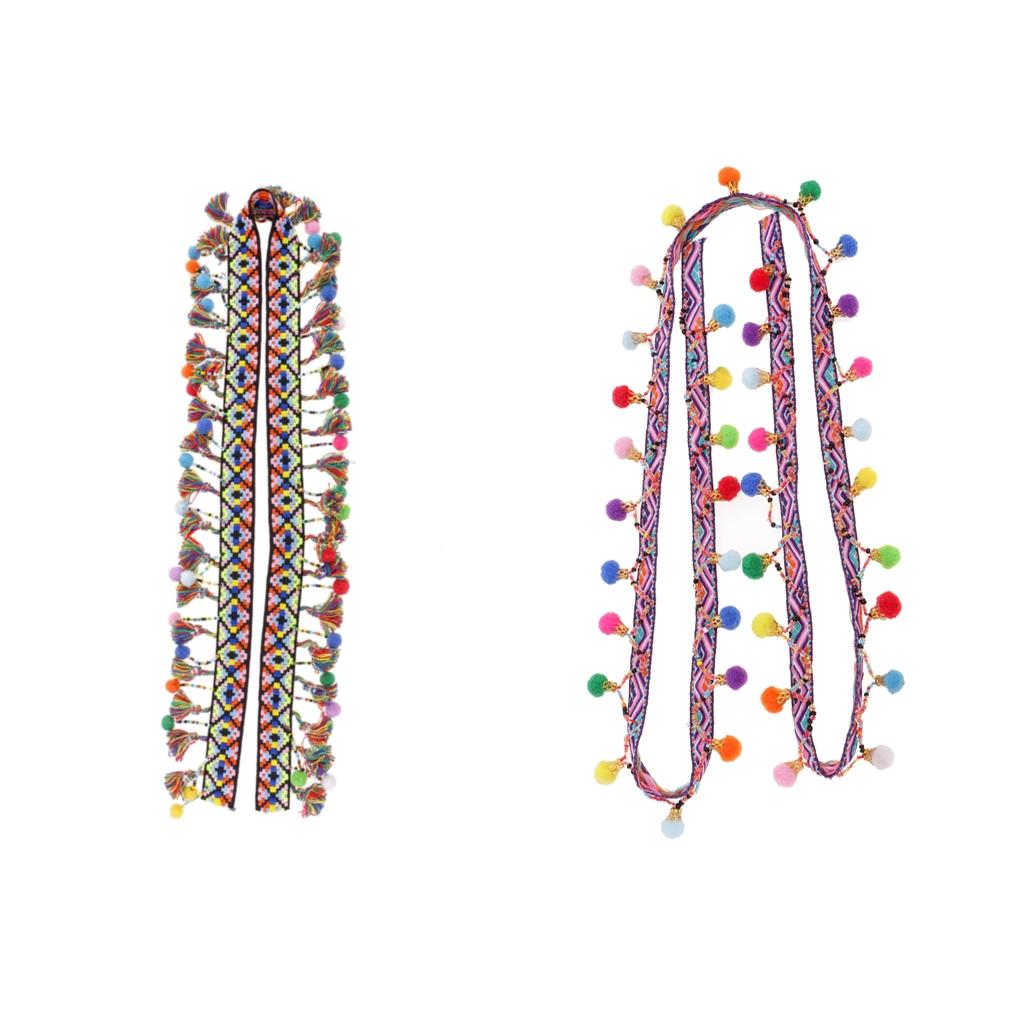 2 x Colorful Pom Pom Beads Fringe Tassels Jacquard Ribbon Trim Sewing Decor