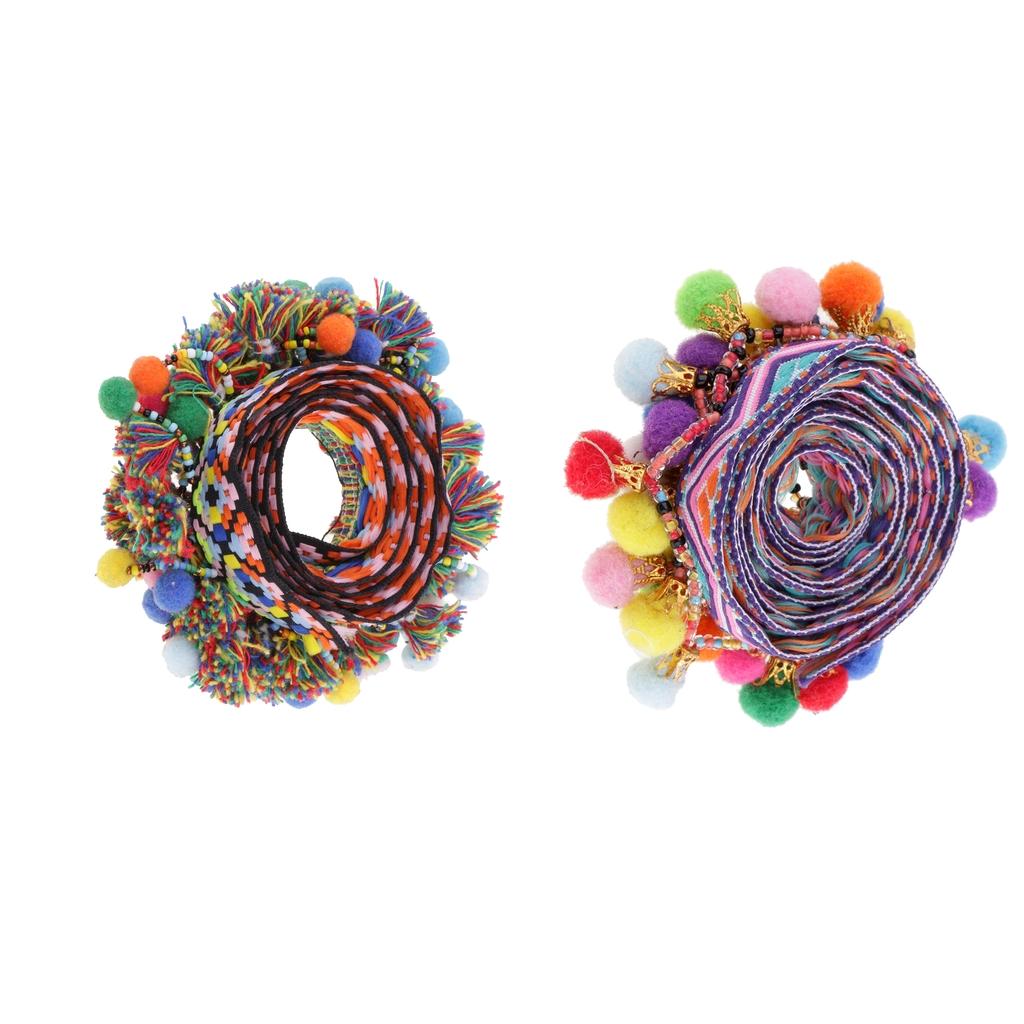 2 x Colorful Pom Pom Beads Fringe Tassels Jacquard Ribbon Trim Sewing Decor