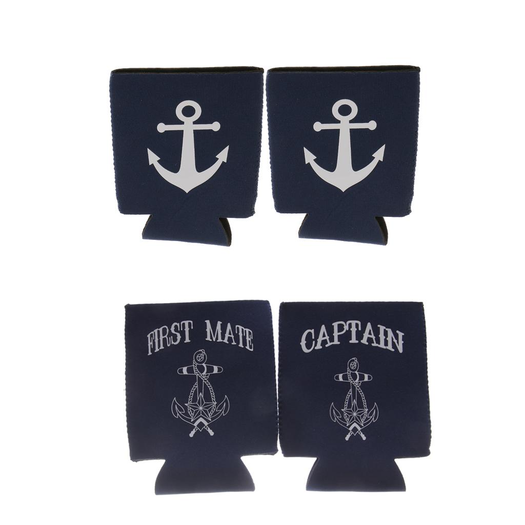 2 Pair Captain First Mate Anchor Beer Can Cooler Sleeve Holder Wedding Favor