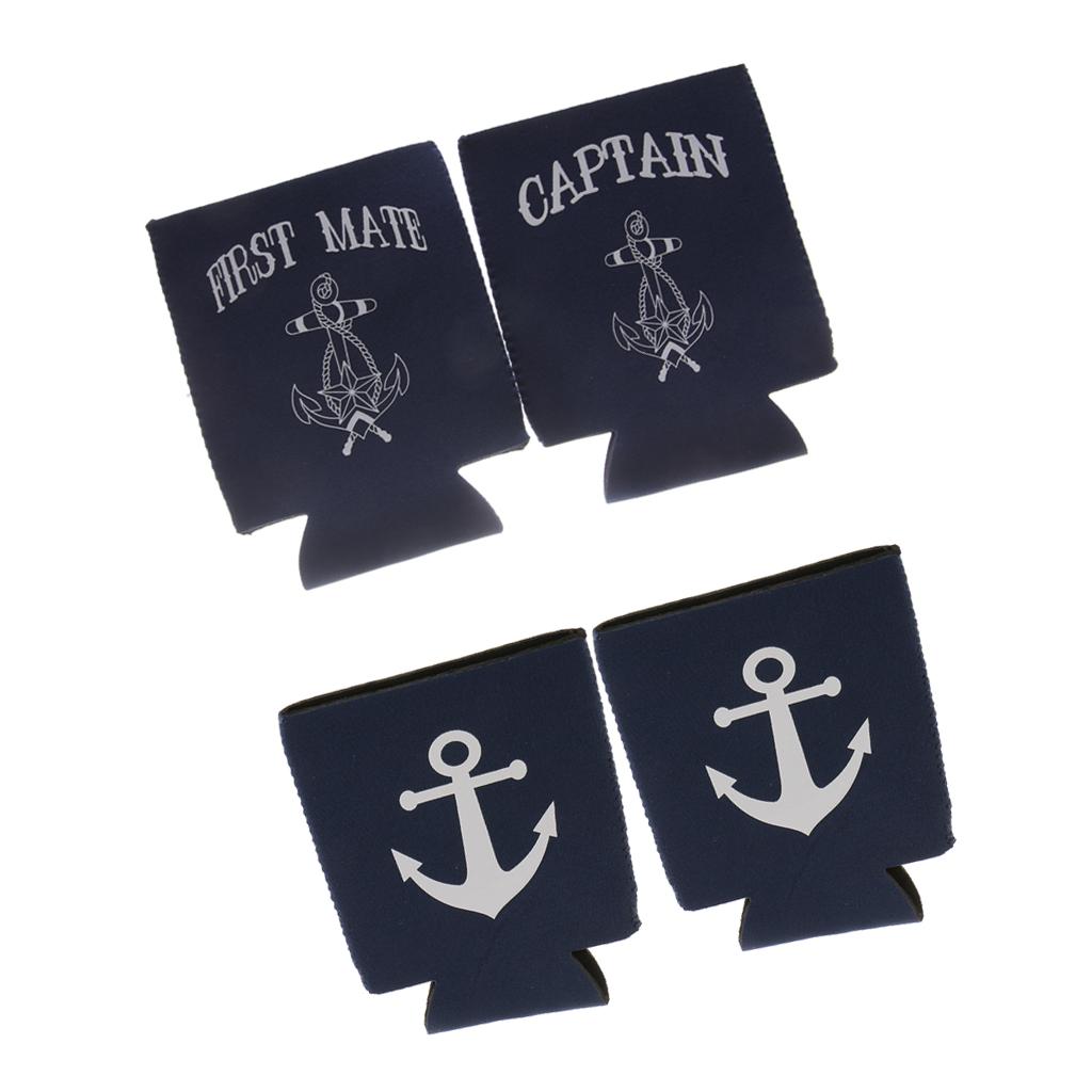 2 Pair Captain First Mate Anchor Beer Can Cooler Sleeve Holder Wedding Favor