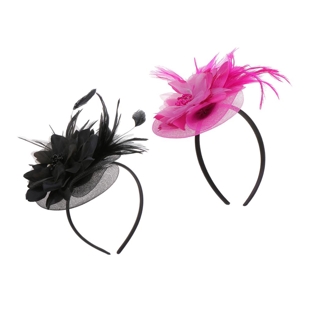 2 Pieces Vintage Feather Fascinator Flower Veil Hat Hairband Wedding Costume