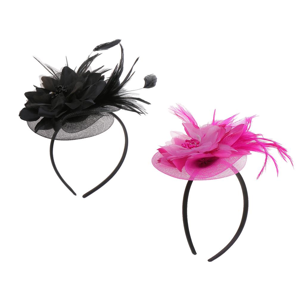 2 Pieces Vintage Feather Fascinator Flower Veil Hat Hairband Wedding Costume